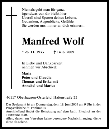 Traueranzeige von Manfred Wolf von Tageszeitung