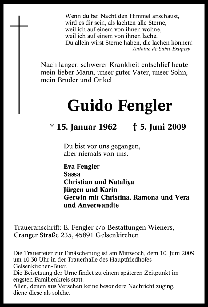  Traueranzeige für Guido Fengler vom 06.06.2009 aus Tageszeitung