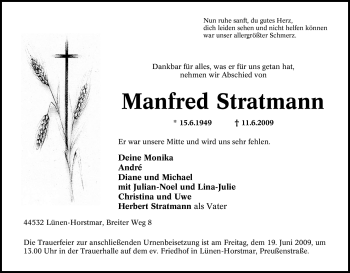 Traueranzeige von Manfred Stratmann von Tageszeitung