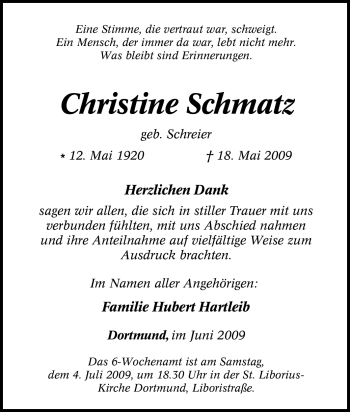 Traueranzeige von Christine Schmatz von Tageszeitung