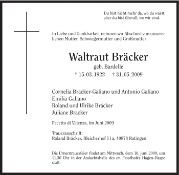 Traueranzeige von Waltraut Bräcker von Tageszeitung