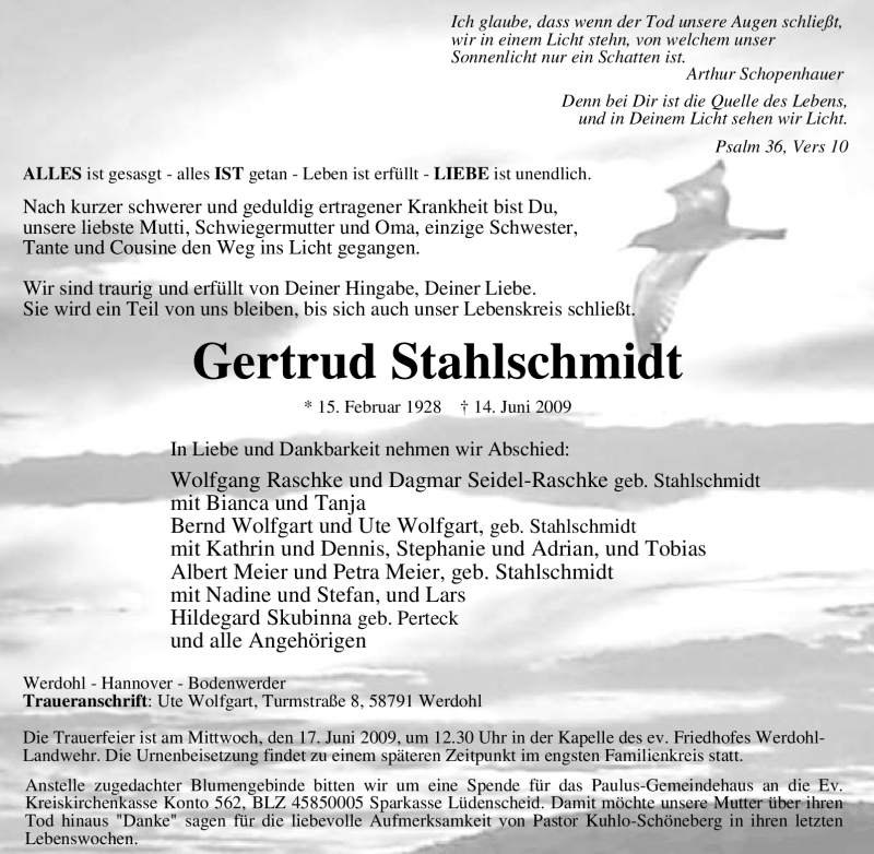  Traueranzeige für Gertrud Stahlschmidt vom 16.06.2009 aus Tageszeitung