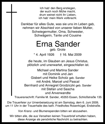 Traueranzeige von Erna Sander von Tageszeitung