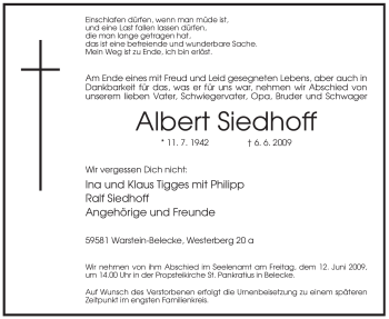 Traueranzeige von Albert Siedhoff von Tageszeitung