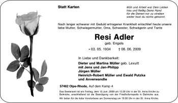 Traueranzeige von Resi Adler von Tageszeitung