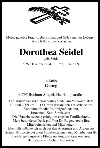 Traueranzeige von Dorothea Seidel von Tageszeitung