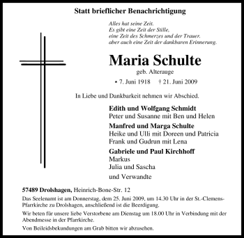 Traueranzeige von Maria Schulte von Tageszeitung