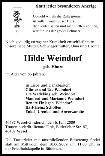 Traueranzeige von Hilde Weindorf von Tageszeitung