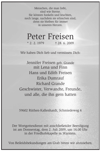 Traueranzeige von Peter Freisen von Tageszeitung