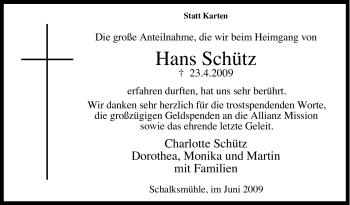 Traueranzeige von Hans Schütz von Tageszeitung