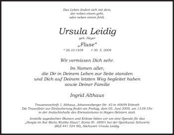 Traueranzeige von Ursula Leidig von Tageszeitung