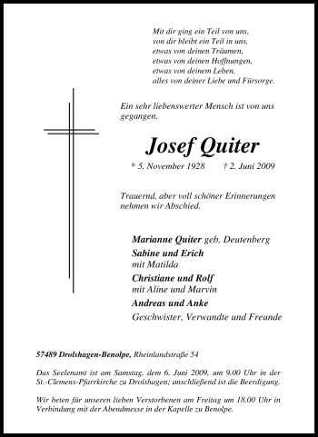 Traueranzeige von Josef Quiter von Tageszeitung