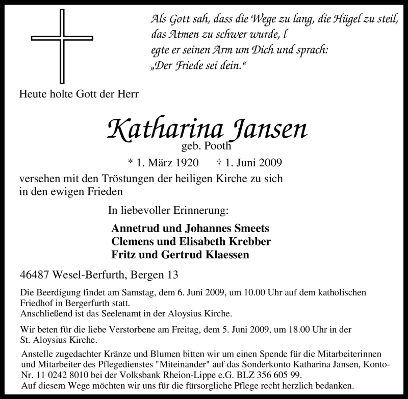  Traueranzeige für Katharina Jansen vom 03.06.2009 aus Tageszeitung