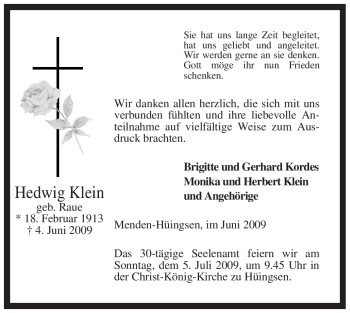 Traueranzeige von Hedwig Klein von Tageszeitung