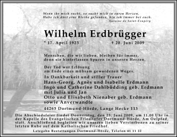 Traueranzeige von Wilhelm Erdbrügger von Tageszeitung