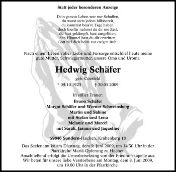 Traueranzeige von Hedwig Schäfer von Tageszeitung