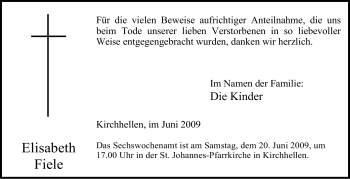 Traueranzeige von Elisabeth Fiele von Tageszeitung