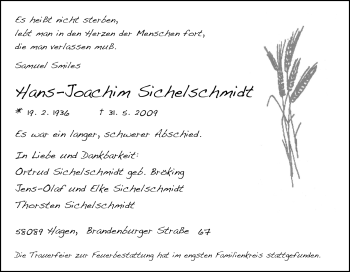 Traueranzeige von Hans-Joachim Sichelschmidt von Tageszeitung