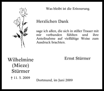 Traueranzeige von Wilhelmine Stürmer von Tageszeitung