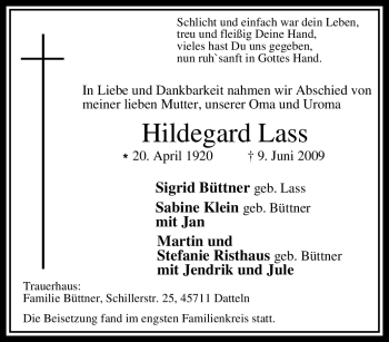 Traueranzeige von Hildegard Lass von Tageszeitung