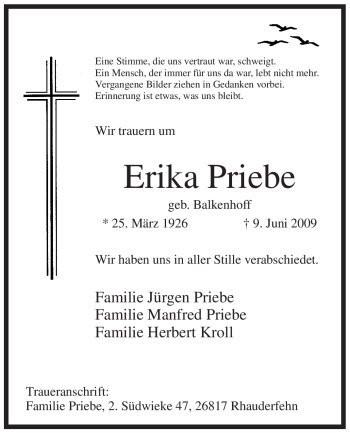 Traueranzeige von Erika Priebe von Tageszeitung