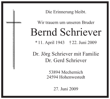Traueranzeige von Bernd Schriever von Tageszeitung