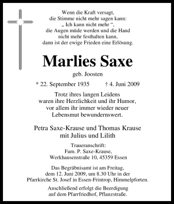 Traueranzeige von Marlies Saxe von Tageszeitung