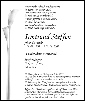 Traueranzeige von Irmtraud Steffen von Tageszeitung