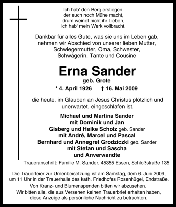 Traueranzeige von Erna Sander von Tageszeitung