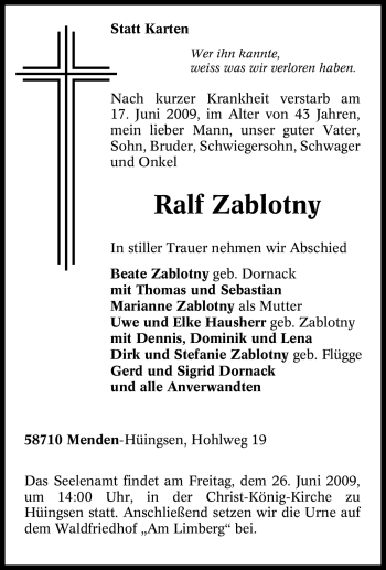 Traueranzeige von Ralf Zablotny von Tageszeitung