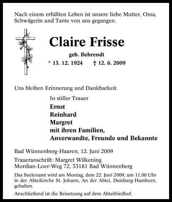 Traueranzeige von Claire Frisse von Tageszeitung