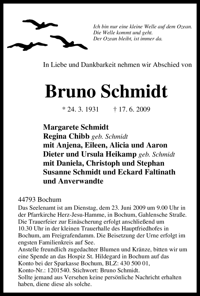  Traueranzeige für Bruno Schmidt vom 20.06.2009 aus Tageszeitung