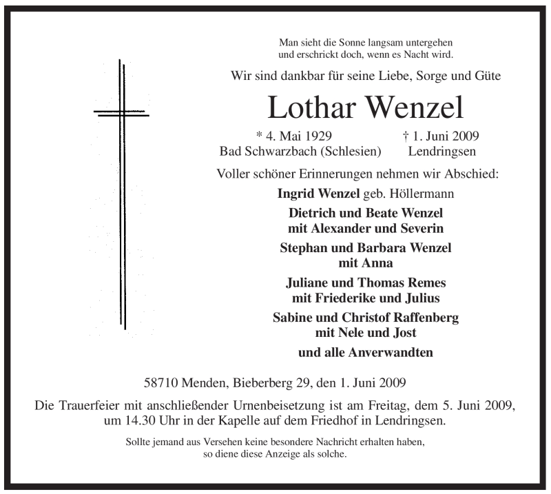  Traueranzeige für Lothar Wenzel vom 03.06.2009 aus Tageszeitung