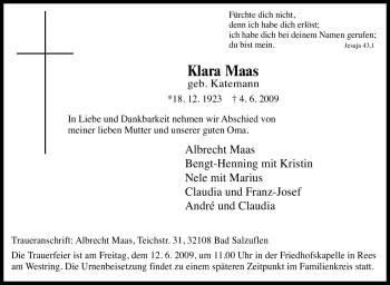 Traueranzeige von Klara Maas von Tageszeitung