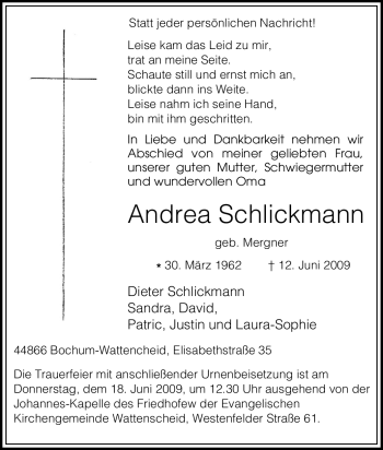 Traueranzeige von Andrea Schlickmann von Tageszeitung