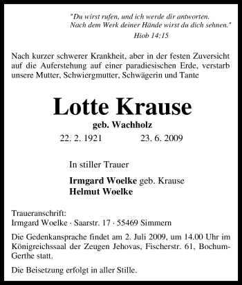 Traueranzeige von Lotte Krause von Tageszeitung