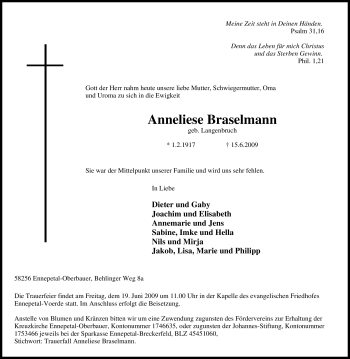 Traueranzeige von Anneliese Braselmann von Tageszeitung