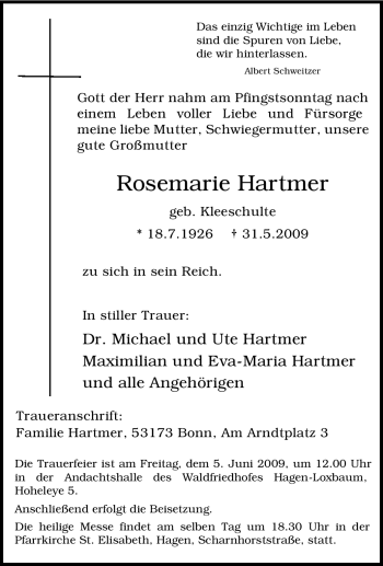 Traueranzeige von Rosemarie Hartmer von Tageszeitung