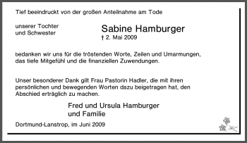 Traueranzeige von Sabine Hamburger von Tageszeitung
