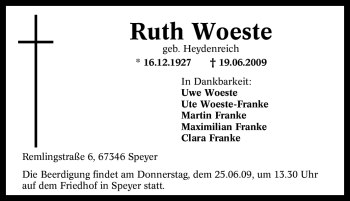 Traueranzeige von Ruth Woeste von Tageszeitung