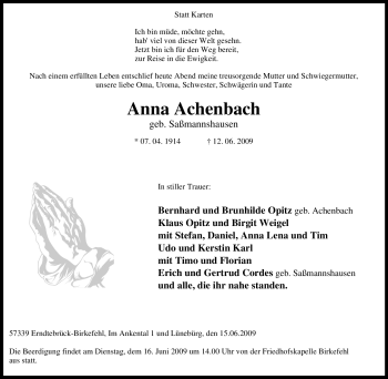 Traueranzeige von Anna Achenbach von Tageszeitung