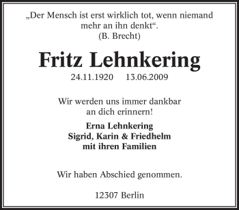 Traueranzeige von Fritz Lehnkering von Tageszeitung
