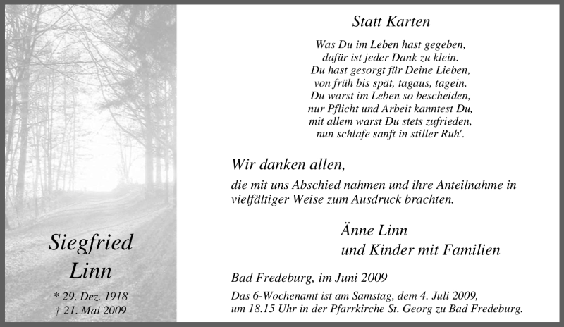 Traueranzeige für Siegfried Linn vom 27.06.2009 aus Tageszeitung