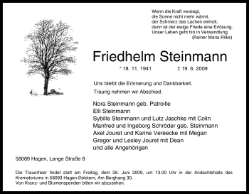 Traueranzeige von Friedhelm Steinmann von Tageszeitung