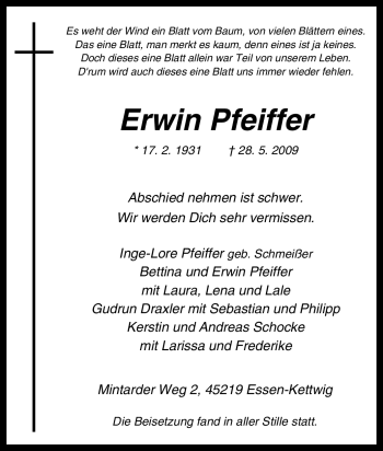 Traueranzeige von Erwin Pfeiffer von Tageszeitung