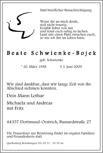 Traueranzeige von Beate Schwienke-Bojek von Tageszeitung