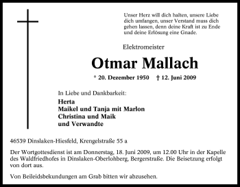 Traueranzeige von Otmar Mallach von Tageszeitung