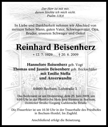 Traueranzeige von Reinhard Beisenherz von Tageszeitung