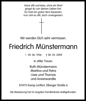 Traueranzeige von Friedrich Münstermann von Tageszeitung