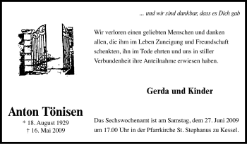 Traueranzeige von Anton Tönisen von Tageszeitung